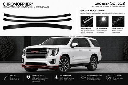 Chromorphor precut vinyl front bumper lip chrome delete strips shown above a white GMC Yukon SUV on a dark gray background, with feature callouts and installation benefits printed around the image.
