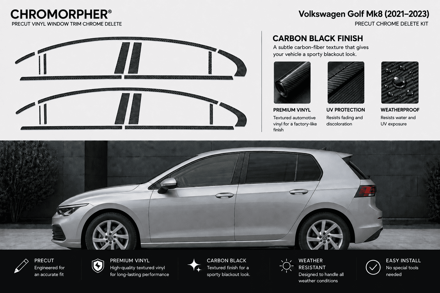 Chromorpher Precut Vinyl Window Trim Chrome Delete Kit for Volkswagen Golf M8 (2021-2023) in a carbon black finish. The graphic features the product's black vinyl strip design applied to car window arches, alongside a silver side profile of a Volkswagen Golf M8 to demonstrate the color delete effect in use.