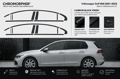 Chromorpher Precut Vinyl Window Trim Chrome Delete Kit for Volkswagen Golf M8 (2021-2023) in a carbon black finish. The graphic features the product's black vinyl strip design applied to car window arches, alongside a silver side profile of a Volkswagen Golf M8 to demonstrate the color delete effect in use.