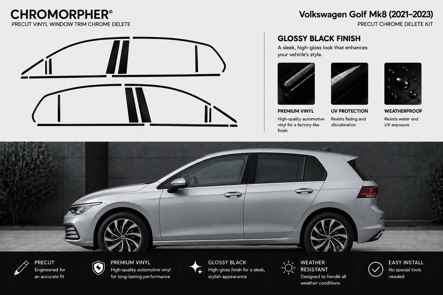 Chromorpher Precut Vinyl Window Trim Chrome Delete kit for Volkswagen Golf Mk8 (2021-2023) in glossy black finish. The image features black line drawings of the trim pieces at the top, product features on a light gray background, and a silver Volkswagen Golf shown from the side in a dark outdoor setting at the bottom.