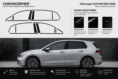 Chromorpher Precut Vinyl Window Trim Chrome Delete kit for Volkswagen Golf Mk8 (2021-2023) in glossy black finish. The image features black line drawings of the trim pieces at the top, product features on a light gray background, and a silver Volkswagen Golf shown from the side in a dark outdoor setting at the bottom.