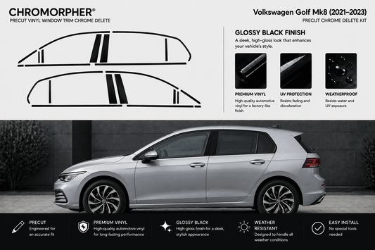 Chromorpher Precut Vinyl Window Trim Chrome Delete kit for Volkswagen Golf Mk8 (2021-2023) in glossy black finish. The image features black line drawings of the trim pieces at the top, product features on a light gray background, and a silver Volkswagen Golf shown from the side in a dark outdoor setting at the bottom.