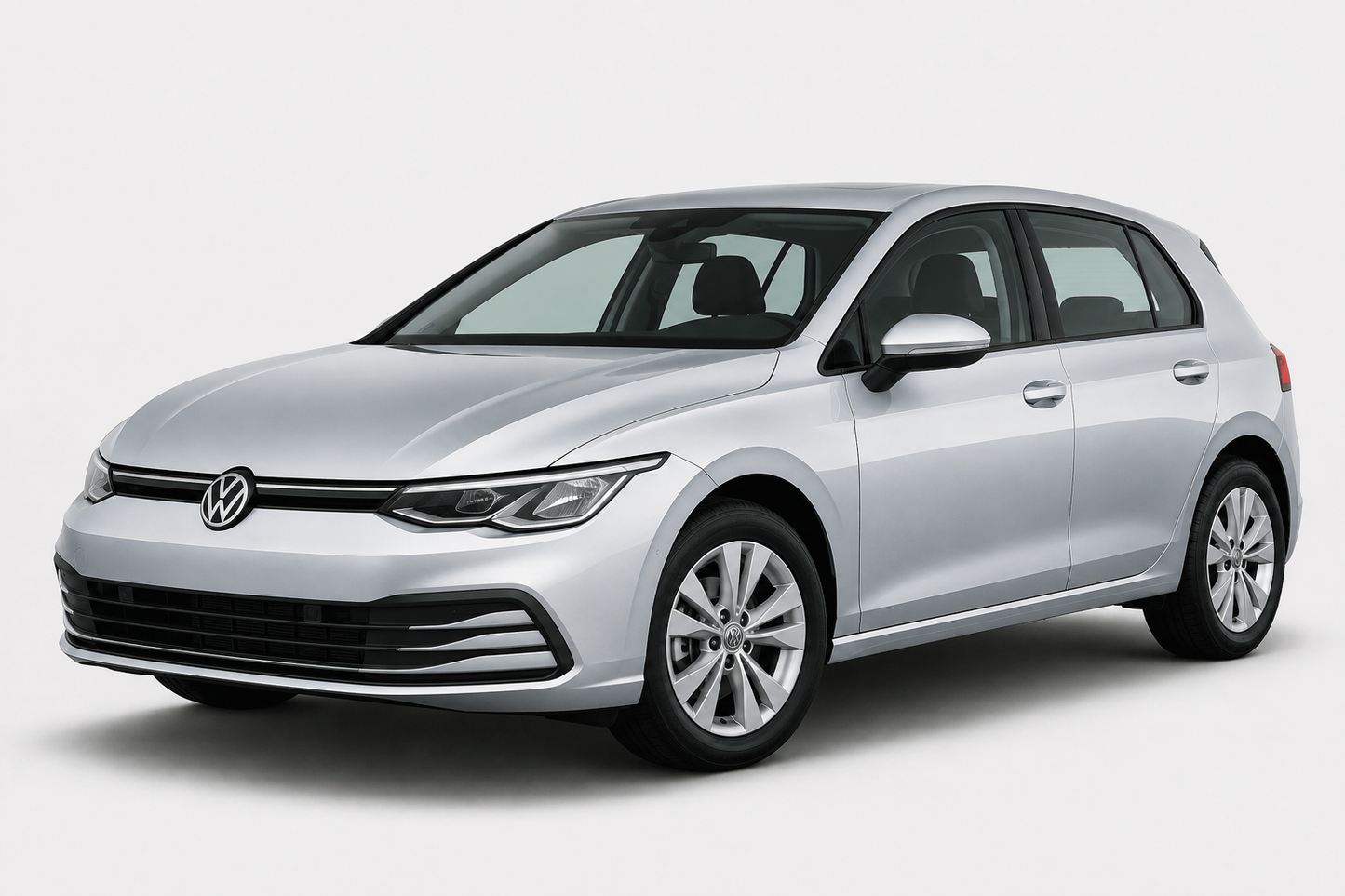 A silver Volkswagen Golf hatchback car shown from a three-quarter front angle on a light gray studio background.