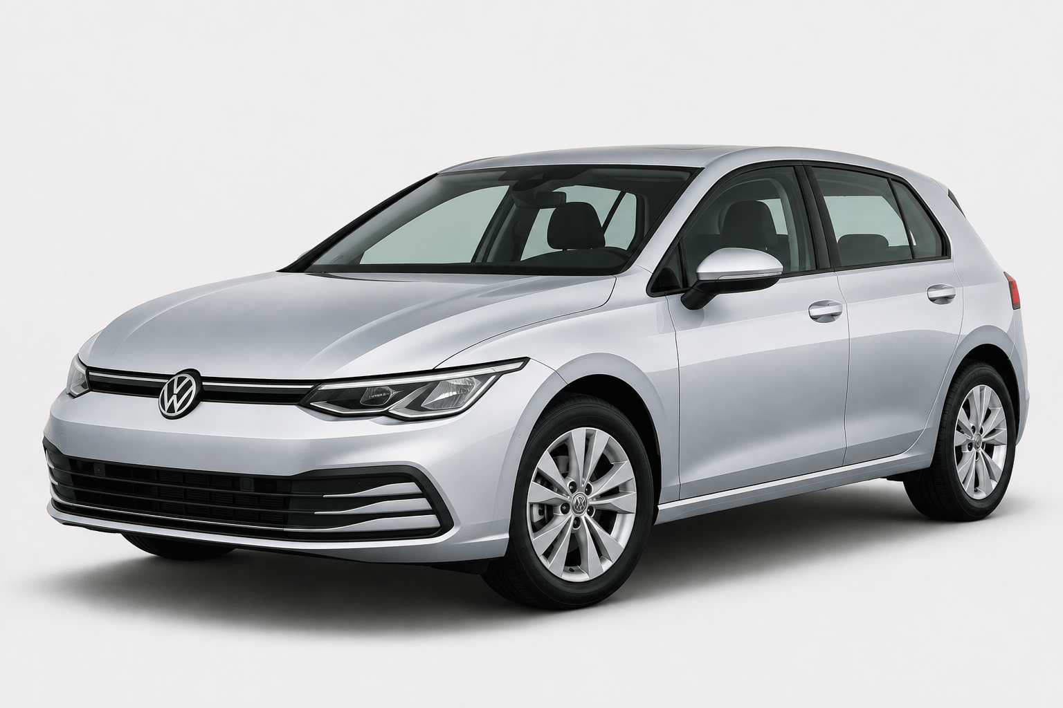 A silver Volkswagen Golf hatchback car shown from a three-quarter front angle on a light gray studio background.