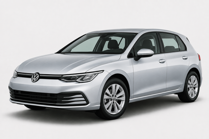 A silver Volkswagen Golf hatchback car shown from a three-quarter front angle on a light gray studio background.