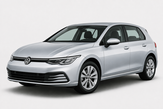 A silver Volkswagen Golf hatchback car shown from a three-quarter front angle on a light gray studio background.