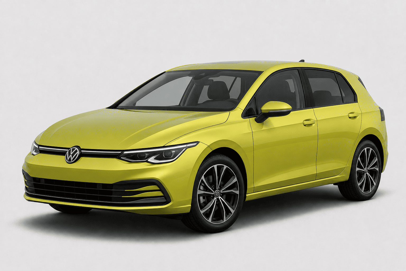 A bright yellow Volkswagen hatchback car shown at a three-quarter front angle on a clean light gray studio background.