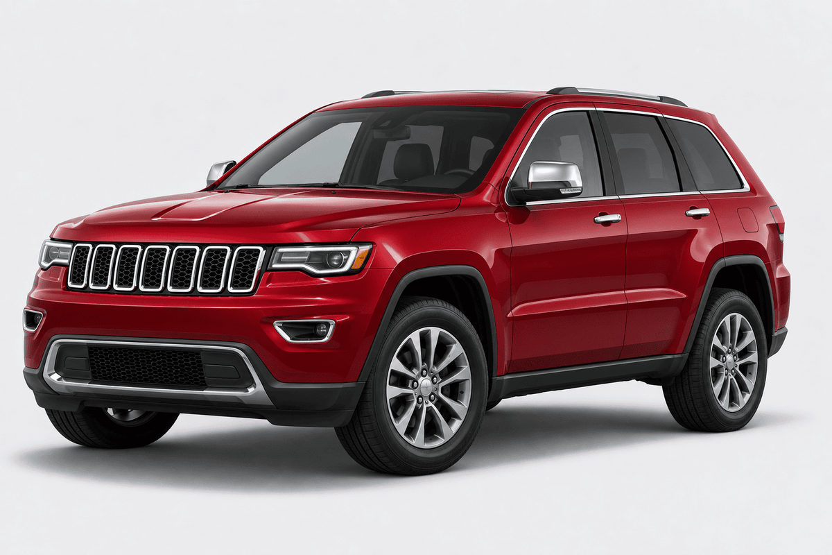 A red Jeep Grand Cherokee SUV shown from a three-quarter front angle on a light gray studio background.