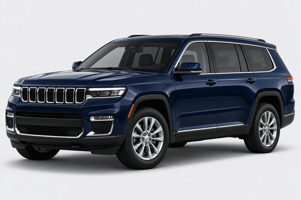 A dark blue Jeep Grand Cherokee SUV shown from a three-quarter front angle on a light gray studio background.