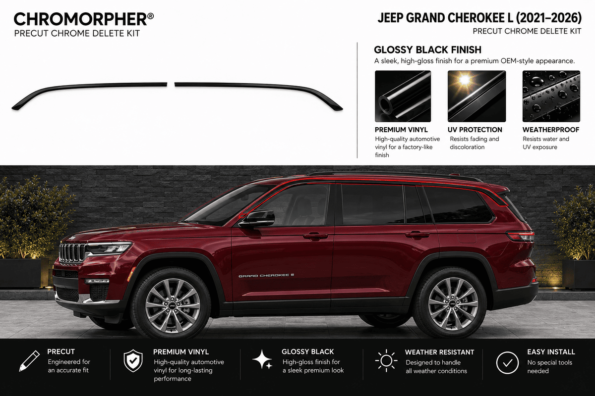 Chromorphor Precut Chrome Delete Kit for Jeep Grand Cherokee L (2021-2026) in glossy black finish, shown with two curved chrome delete strips on a white background and a red Jeep Grand Cherokee L in a dark outdoor setting below.