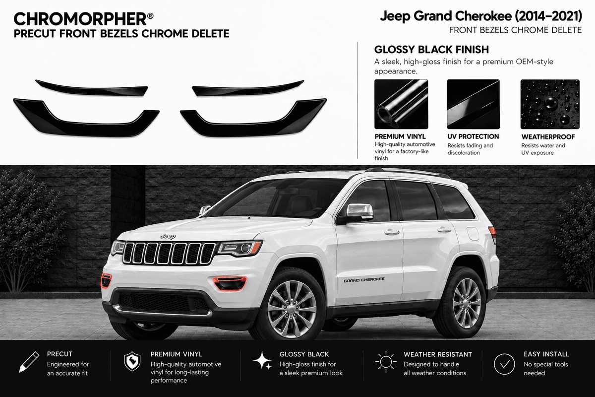 Chrome morpher front bezel decal kit for Jeep Grand Cherokee (2014-2021) in glossy black finish. The image shows two black decal pieces on the left, product feature callouts on the top right, and a white Jeep Grand Cherokee vehicle on a dark background on the bottom left.