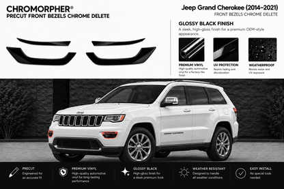 Chrome morpher front bezel decal kit for Jeep Grand Cherokee (2014-2021) in glossy black finish. The image shows two black decal pieces on the left, product feature callouts on the top right, and a white Jeep Grand Cherokee vehicle on a dark background on the bottom left.