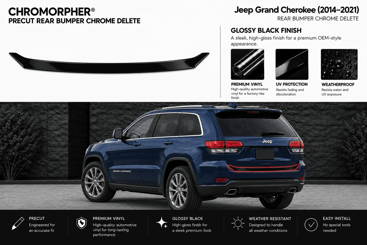Chromorpher Precut Rear Bumper Chrome Delete kit shown with a blue Jeep Grand Cherokee SUV on a dark background, with text callouts describing the glossy black finish and product features.