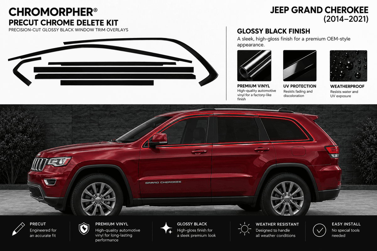 Chromorphor Precut Chrome Delete Kit for Jeep Grand Cherokee (2014-2021) glossy black window trim overlays. The kit includes a graphic representation of the black trim pieces on the top left and a red Jeep Grand Cherokee SUV on the bottom half to demonstrate the product's application.