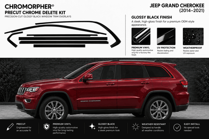 Chromorphor Precut Chrome Delete Kit for Jeep Grand Cherokee (2014-2021) glossy black window trim overlays. The kit includes a graphic representation of the black trim pieces on the top left and a red Jeep Grand Cherokee SUV on the bottom half to demonstrate the product's application.