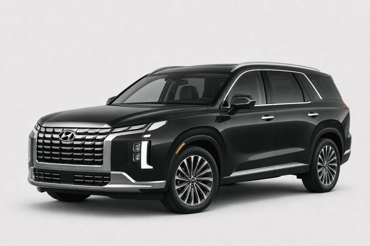 A black Hyundai SUV with chrome accents, shown from a three-quarter front angle against a light gray studio background.