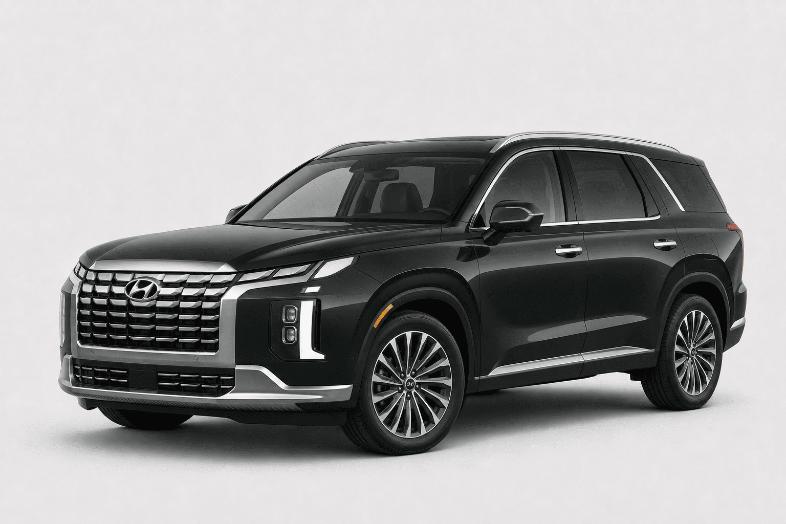 A black Hyundai SUV with chrome accents, shown from a three-quarter front angle against a light gray studio background.