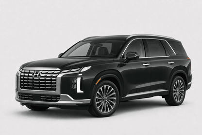 A black Hyundai SUV with chrome accents, shown from a three-quarter front angle against a light gray studio background.