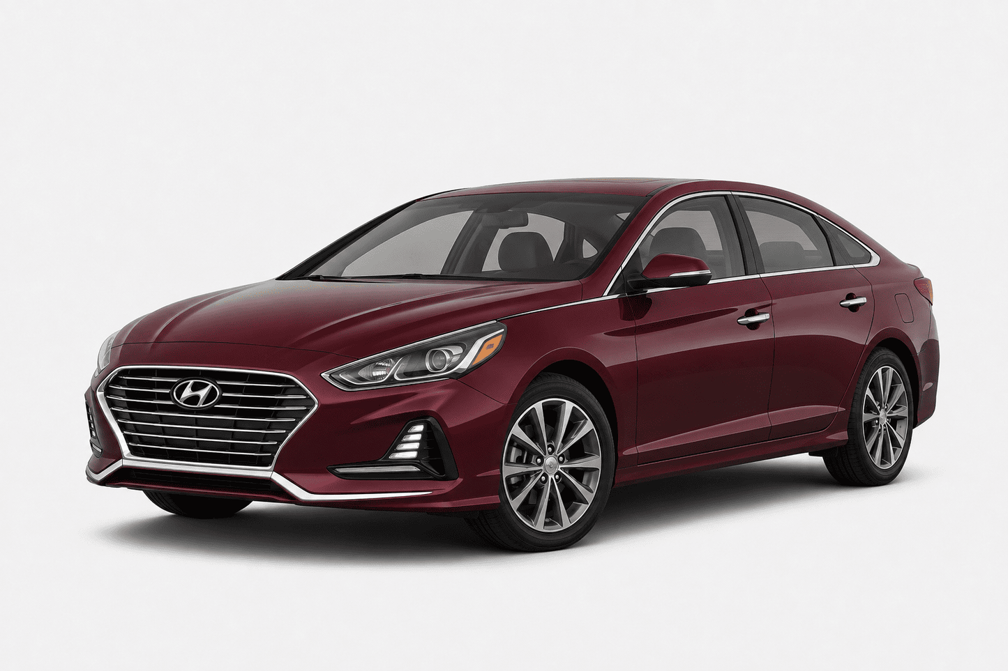 A maroon Hyundai sedan shown from a three-quarter front angle against a light gray studio background.
