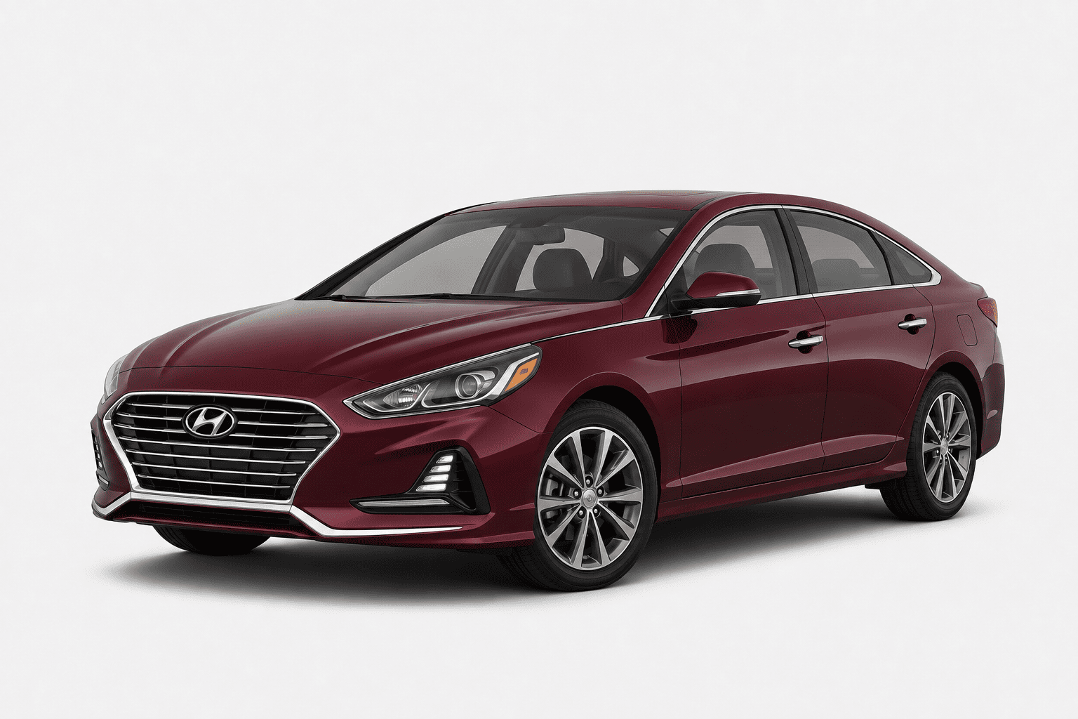 A maroon Hyundai sedan shown from a three-quarter front angle against a light gray studio background.