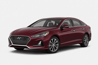 A maroon Hyundai sedan shown from a three-quarter front angle against a light gray studio background.