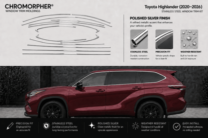 Chromorphor window trim moldings kit for a Toyota Highlander (2020-2026) in polished silver finish. The image features a side profile of a red Toyota Highlander on the bottom half to show the installed product, while the top half displays the silver metal trim pieces, product specifications, and feature icons on a light gray background.