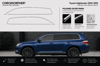 Chromorphor window trim moldings for a Toyota Highlander (2012-2013) shown as two silver metal profile pieces on the top half, with product features and a blue SUV on the bottom half.