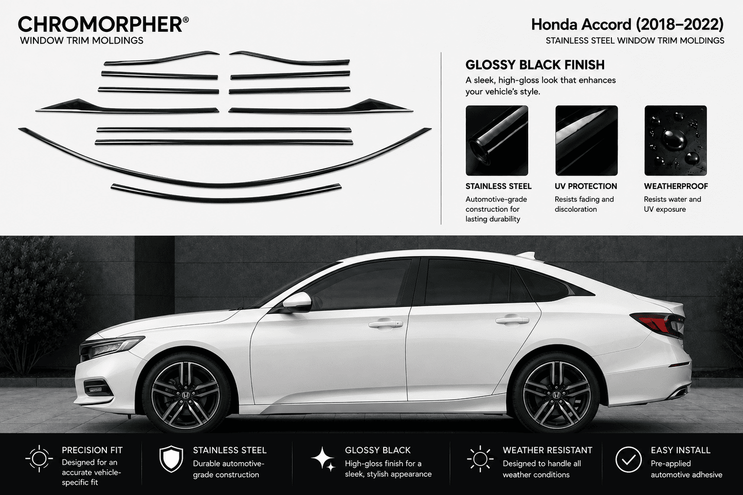 A set of black Chromorphor window trim moldings for a white Honda Accord (2018-2022), shown both as individual pieces on a white background and installed on the side of a white car.