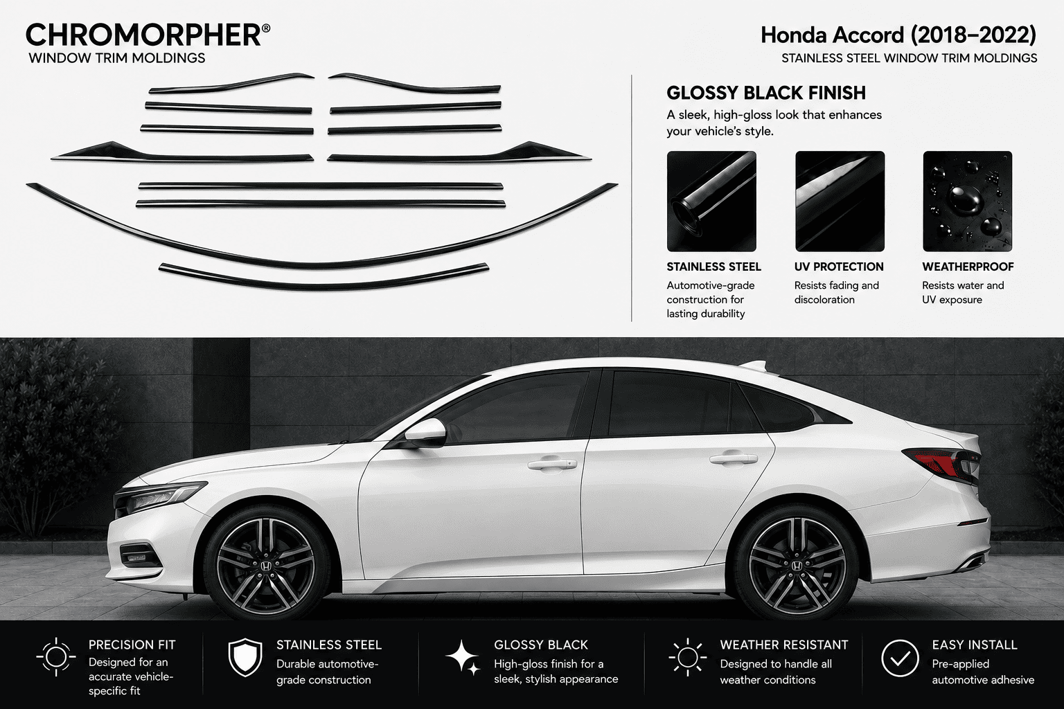 A set of black Chromorphor window trim moldings for a white Honda Accord (2018-2022), shown both as individual pieces on a white background and installed on the side of a white car.