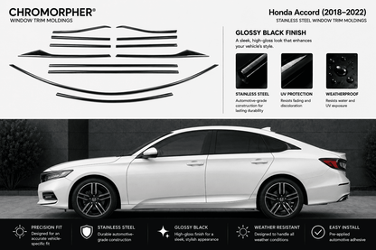 A set of black Chromorphor window trim moldings for a white Honda Accord (2018-2022), shown both as individual pieces on a white background and installed on the side of a white car.