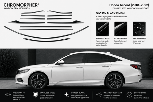 A set of black Chromorphor window trim moldings for a white Honda Accord (2018-2022), shown both as individual pieces on a white background and installed on the side of a white car.