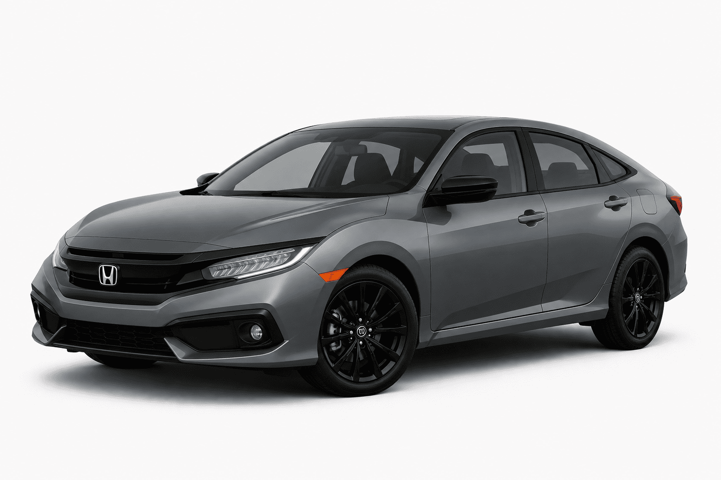 A gray Honda Civic sedan with black wheels, shown from a three-quarter front angle on a clean white studio background.