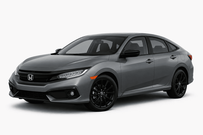 A gray Honda Civic sedan with black wheels, shown from a three-quarter front angle on a clean white studio background.