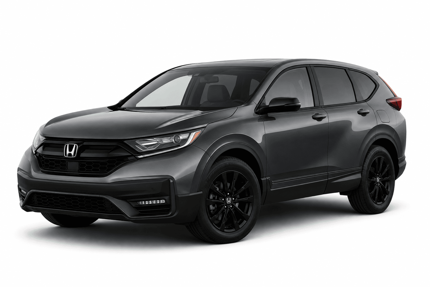 A dark gray Honda CR-V SUV with black wheels and trim, photographed from a three-quarter front angle on a clean white background.