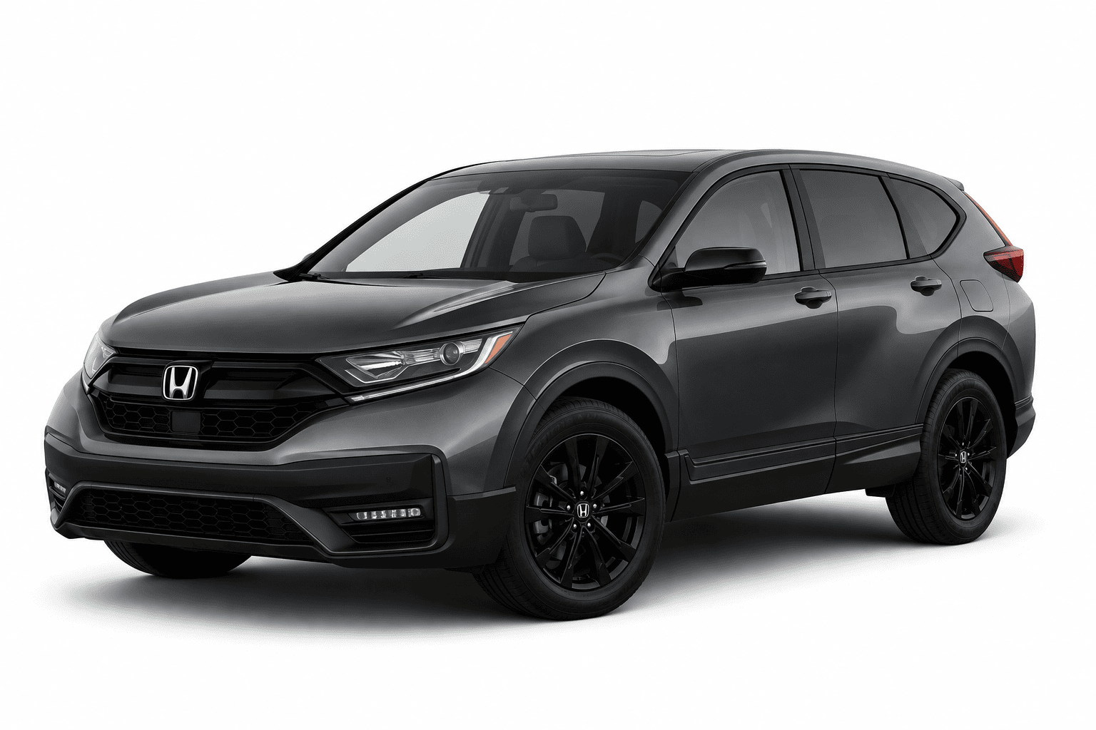 A dark gray Honda CR-V SUV with black wheels and trim, photographed from a three-quarter front angle on a clean white background.