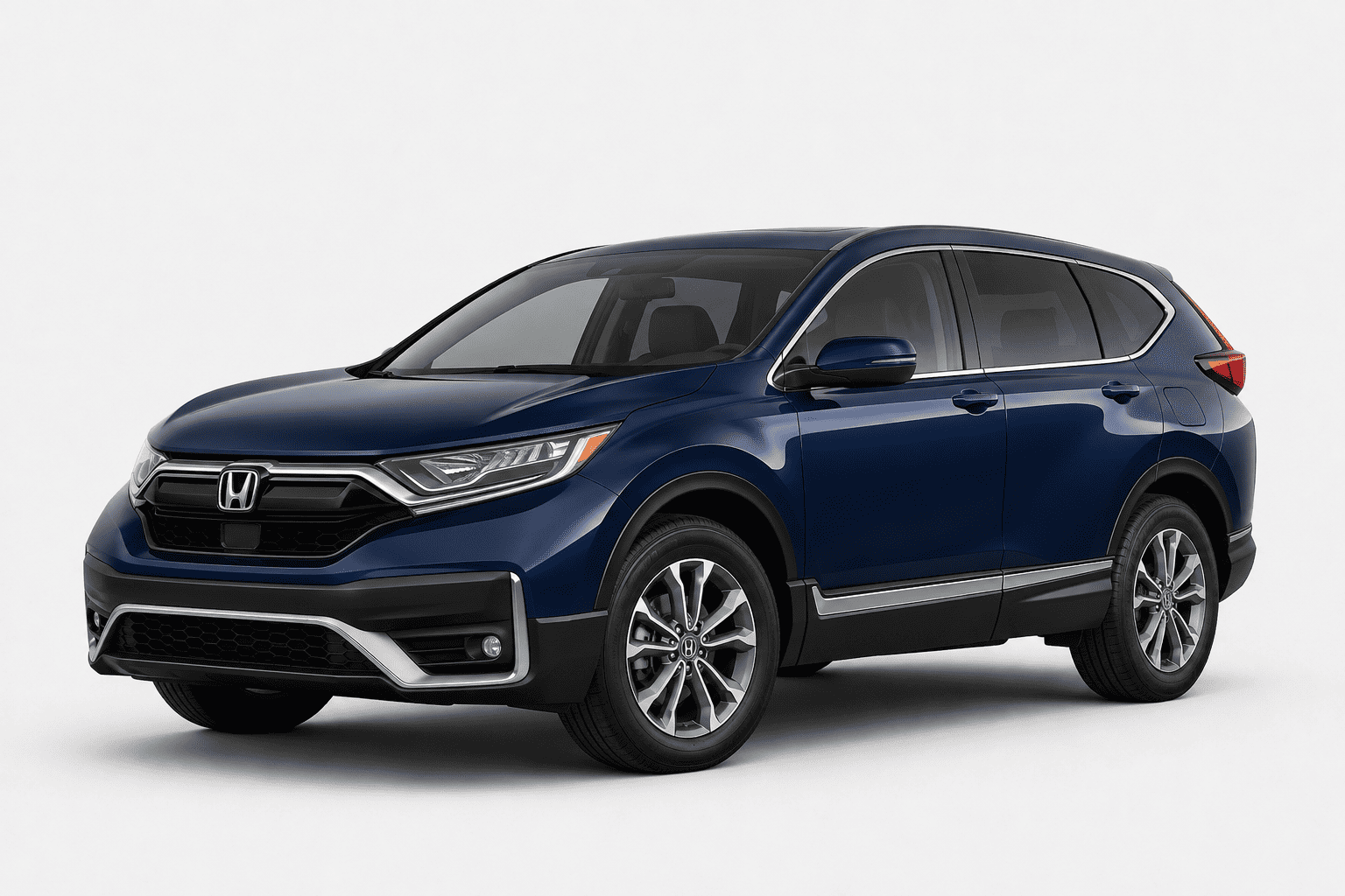 A dark blue Honda CR-V SUV shown from a three-quarter front angle on a light gray studio background.