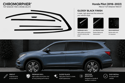 Chromorpher top window trim chrome delete kit for Honda Pilot 2016-2022, shown as a product infographic with a side profile of a blue SUV on a dark background, feature callouts, and installation benefits.