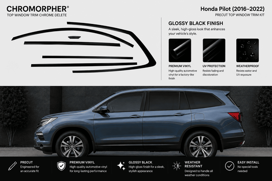 Chromorpher top window trim chrome delete kit for Honda Pilot 2016-2022, shown as a product infographic with a side profile of a blue SUV on a dark background, feature callouts, and installation benefits.