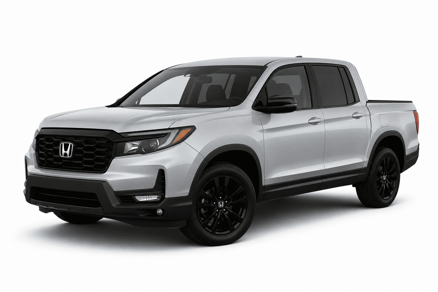 A silver Honda Ridgeduty pickup truck with black wheels and trim, shown from a three-quarter front angle on a clean white background.