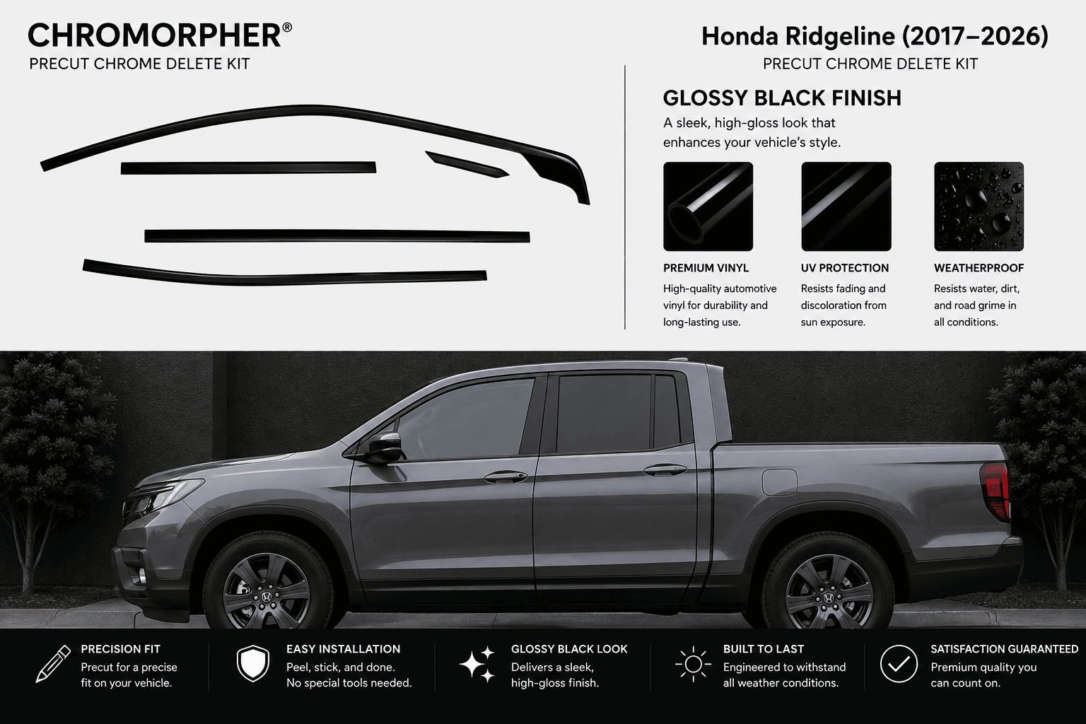 Chromorphor Honda Ridgeline (2017-2026) Precut Chrome Delete Kit graphic showing a gray pickup truck with black chrome trim removed, alongside product feature icons and installation benefits.
