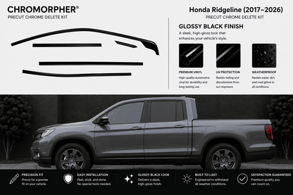 Chromorphor Honda Ridgeline (2017-2026) Precut Chrome Delete Kit graphic showing a gray pickup truck with black chrome trim removed, alongside product feature icons and installation benefits.