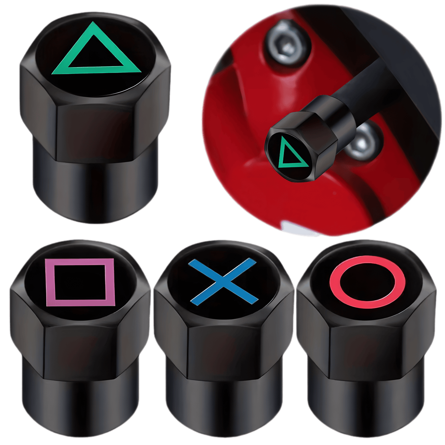 A set of four black aluminum tire valve caps featuring gaming-inspired button symbols: green triangle, red circle, blue X, and pink square. One cap is shown installed on a vehicle's valve stem, highlighting its sleek design. These durable, dustproof, and leak-proof valve caps provide a stylish upgrade for cars, motorcycles, bicycles, and other vehicles.