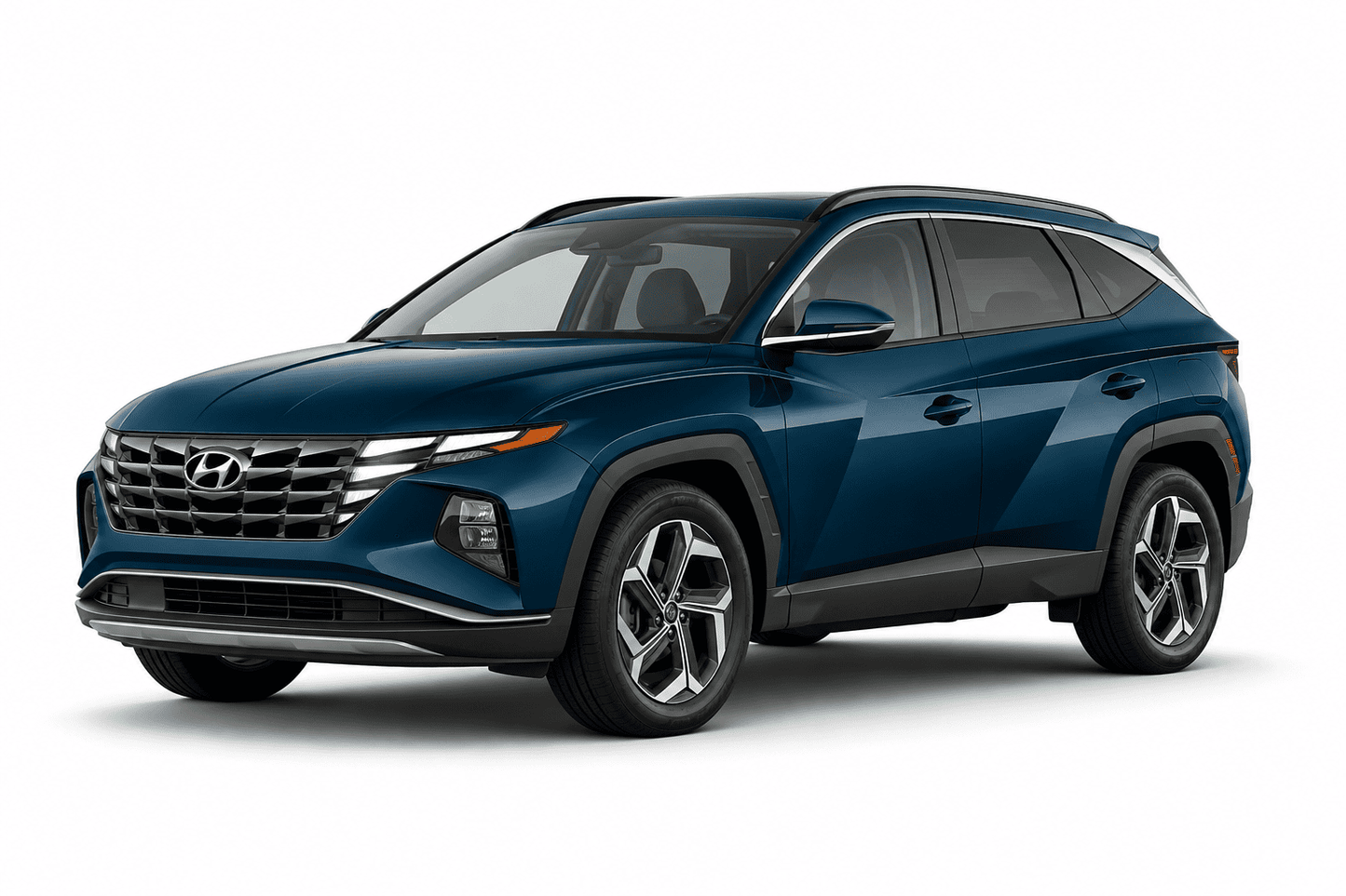 A dark blue Hyundai SUV with black and silver wheels, shown from a three-quarter front angle on a clean white background.