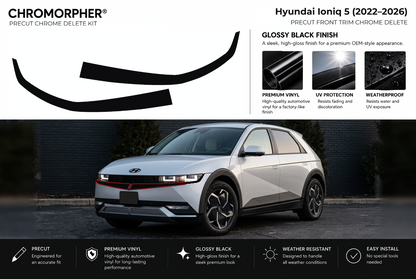 ChroMorpher Hyundai Ioniq 5 front upper trim precut chrome delete kit (2022–2026) showing the precut vinyl pieces and the trim area outlined in red.