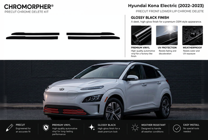 ChroMorpher Hyundai Kona Electric front lower lip precut chrome delete kit (2022–2023) showing the precut vinyl pieces and the trim area outlined in red.