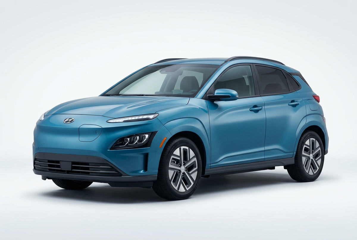 Hyundai Kona Electric (2022–2023) shown from a front three-quarter angle on a light studio background.
