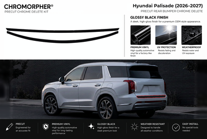 ChroMorpher Hyundai Palisade rear bumper (calligraphy) precut chrome delete kit (2026–2027) showing the precut vinyl pieces and the trim area outlined in red.