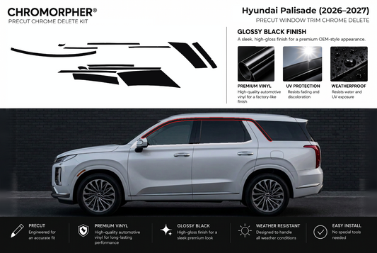 ChroMorpher Hyundai Palisade window trim precut chrome delete kit (2026–2027) showing the precut vinyl pieces and the trim area outlined in red.
