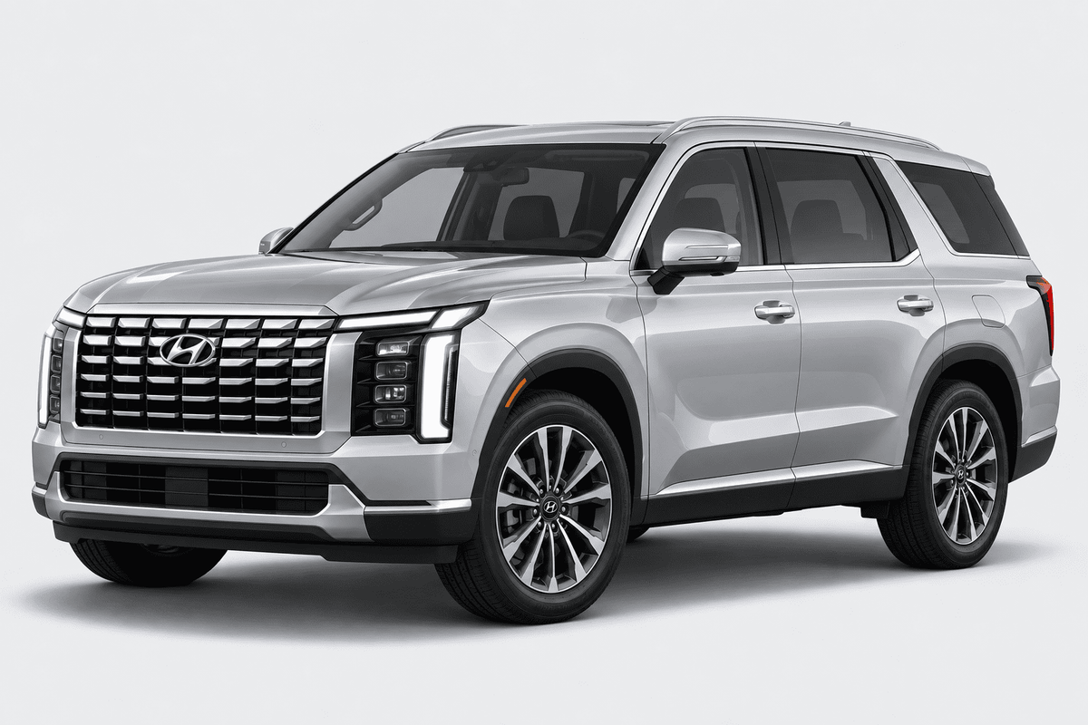 A silver Hyundai SUV shown from a three-quarter front angle on a light gray studio background.