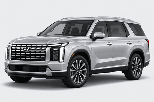 A silver Hyundai SUV shown from a three-quarter front angle on a light gray studio background.